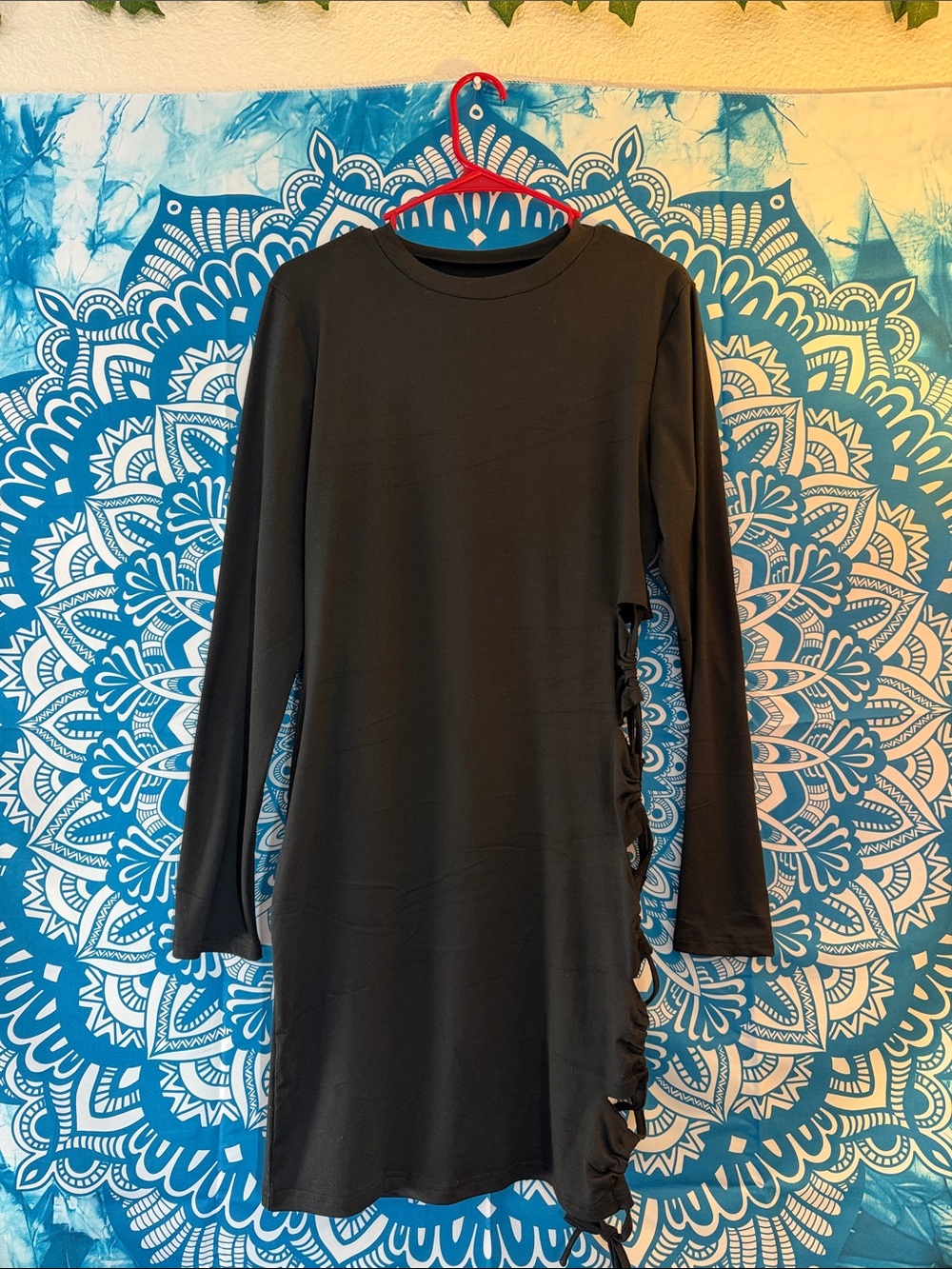 SHEIN Black Long-Sleeve Side-Cutout Tie Dress